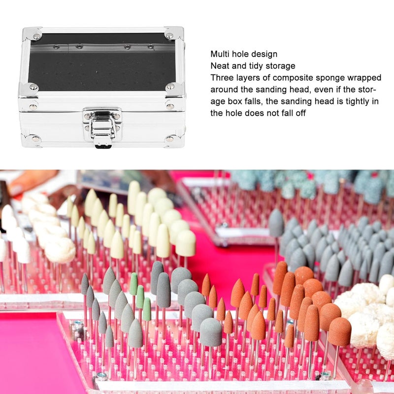 Pomya Nail Drill Bit Holder Storage Box, Multi Hole Nail Drill Bits Stand Displayer with Transparent Cover, Nail Bits Organizers Container (Silver) - Image 2